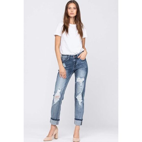 Judy Blue Destroyed Bleach Splatter Boyfriend Fit Jeans (11/30) - Picture 1 of 15